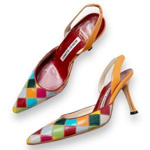 Manolo Blahnik Colorful Leather Patchwork Carolyne Sling Back Pumps Women’s - 36